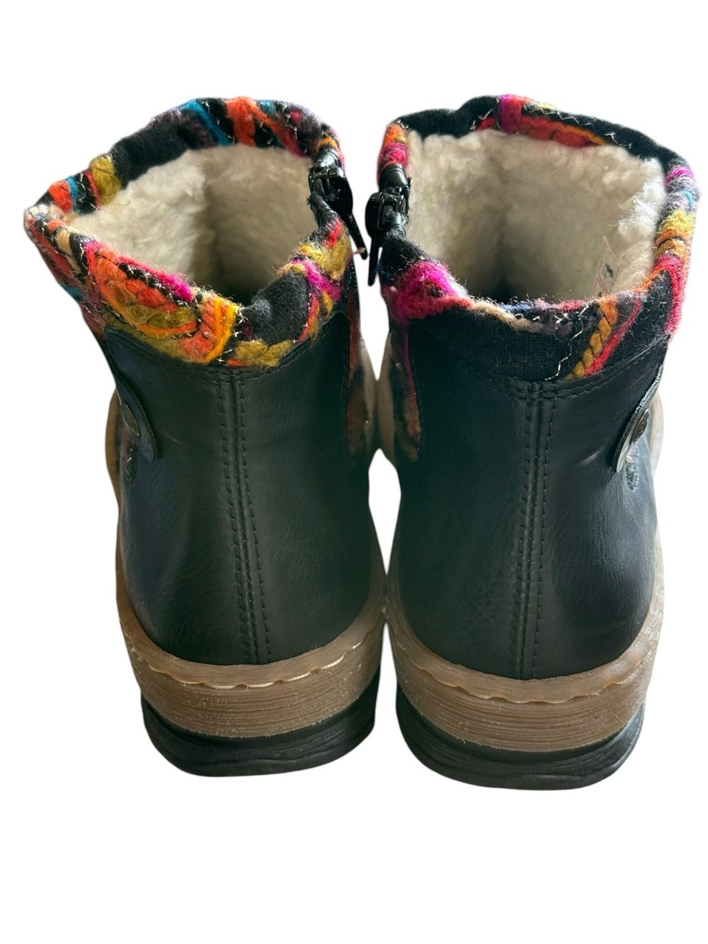 Rieker Black Leather Ankle Boots Faux Fur Lined Colorful Stitching US 11 NWT - Picture 4 of 13